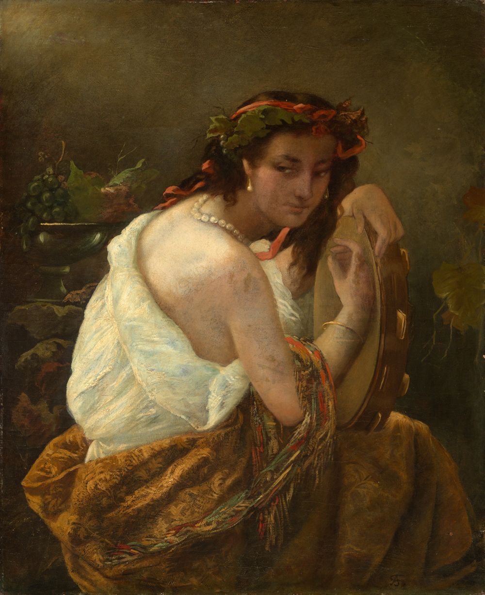 Das Gemälde zeigt eine Frau mit ausdrucksvollem Gesicht. Sie hat dunkles, lockiges Haar und trägt ein buntes, traditionelles Kleid. In ihren Händen hält sie ein Tamburin, das sie zu spielen scheint.