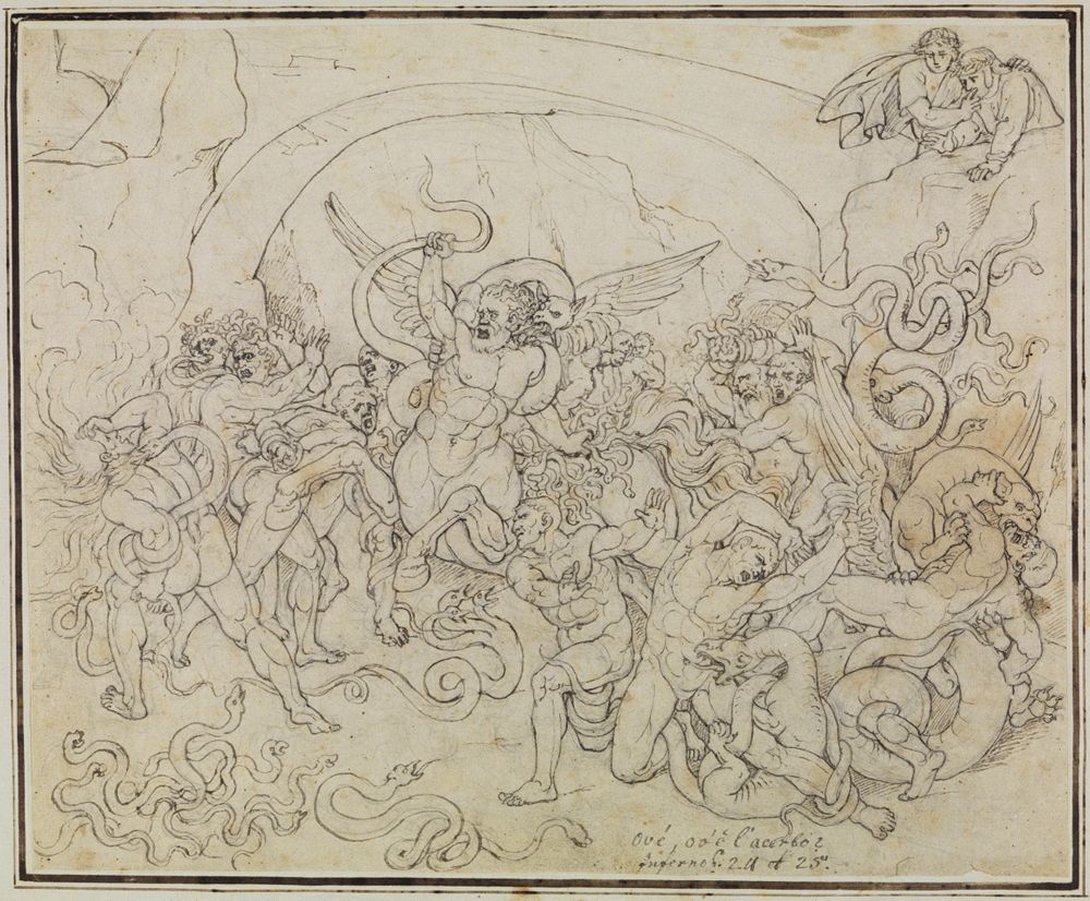 Das Bild zeigt eine düstere Szene in einem Tal voller Schlangen und Drachen. In der Mitte werden Diebe für ihre Taten bestraft,während sie von den gefährlichen Kreaturen umzingelt sind.