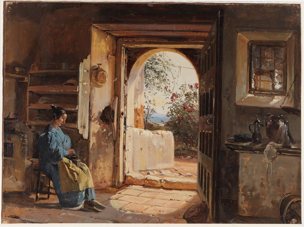 Johann Baptist Kirner - Italienische Stube mit einer sitzenden, Kaffee mahlenden Frau, die den Blick auf Garten und Meer freigibt