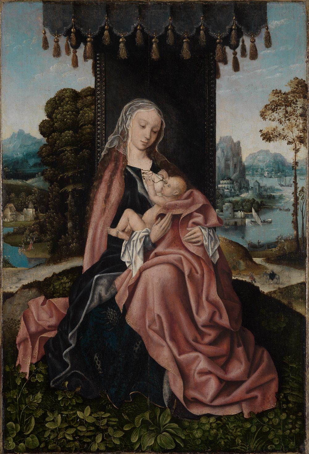 Meister von Frankfurt - Sitzende Maria mit dem Kinde vor Landschaft