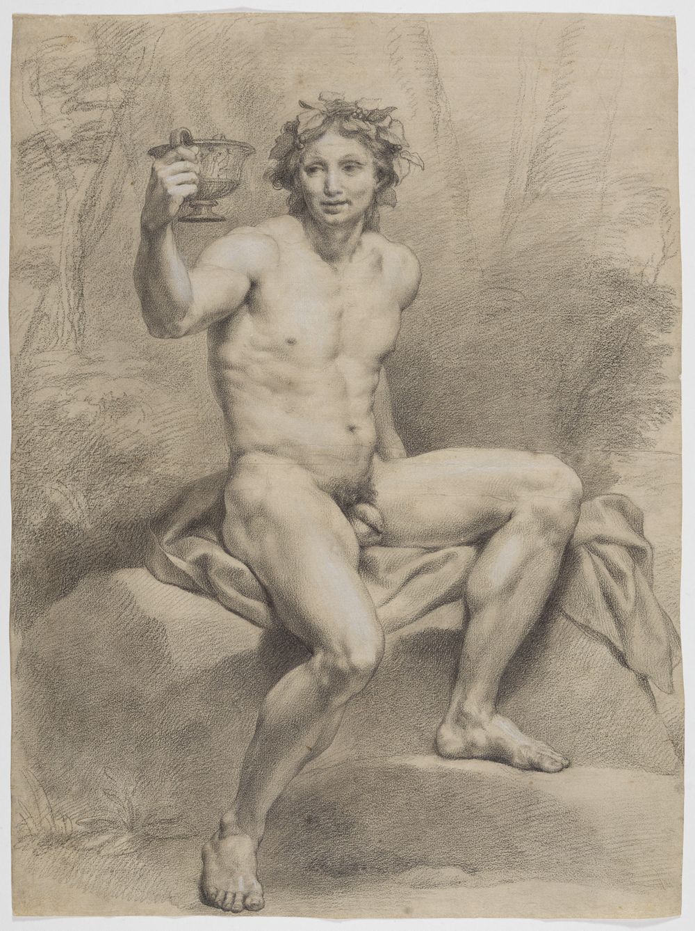 Anton Raphael Mengs - Sitzender männlicher Akt, schräg nach rechts, mit Weinlaubkranz und Trinkschale in der Rechten