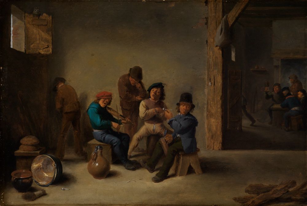 <p>Mehrere Bauern sitzen zusammen in einem Raum.Sie trinken aus Krügen und rauchen Pfeifen. Sie tragen einfache alte Kleidung.</p><p></p>
