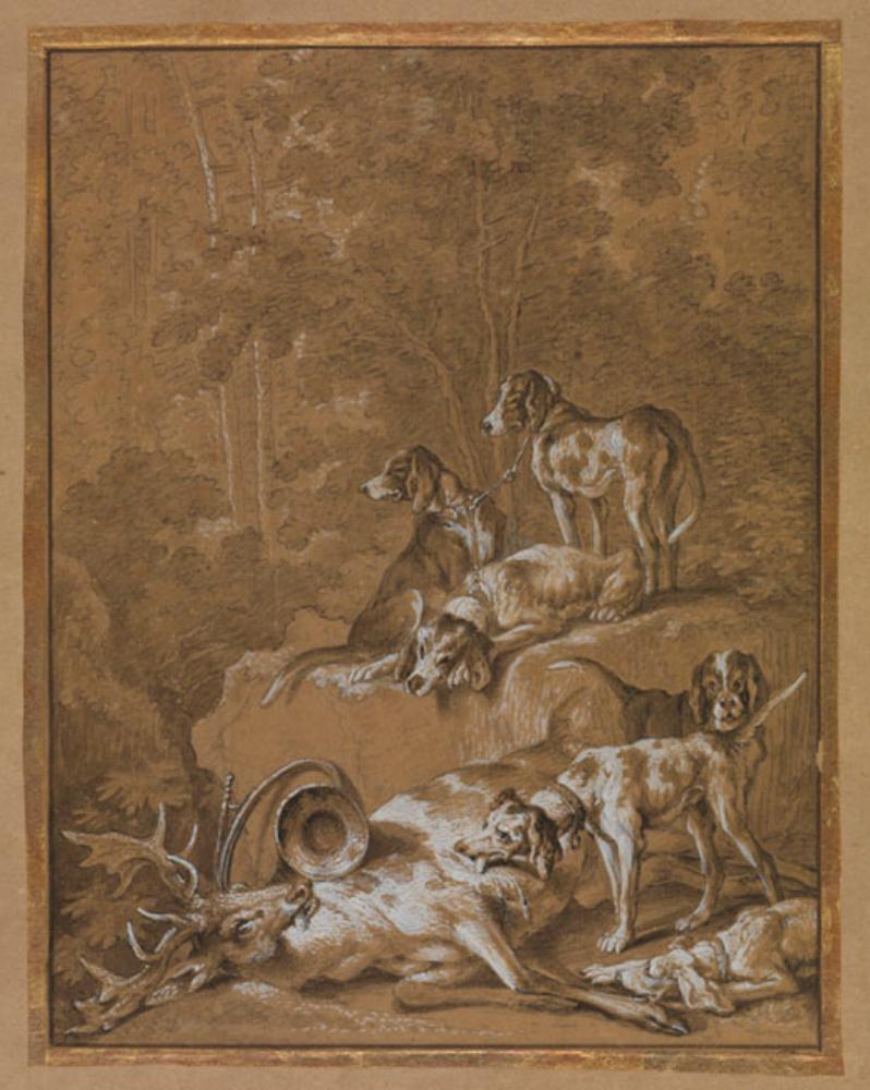 Johann Elias Ridinger - Jagdhunde bei erlegtem Hirsch