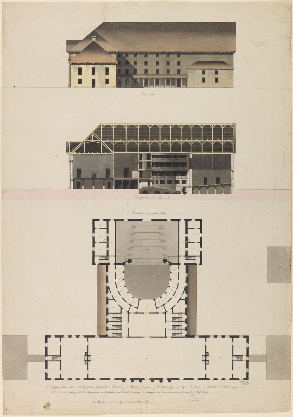 Friedrich Weinbrenner (1766) - Karlsruher Hoftheater, Vorentwurf Grundriss 1.OG, Schnitt u. Seitenansicht