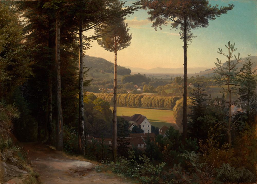 Das Gemälde von Johann Wilhelm Schirmer zeigt eine malerische, bergige Landschaft. Ein klarer Bach fließt durch das Tal, das von hohen, bewaldeten Bergen umgeben ist.