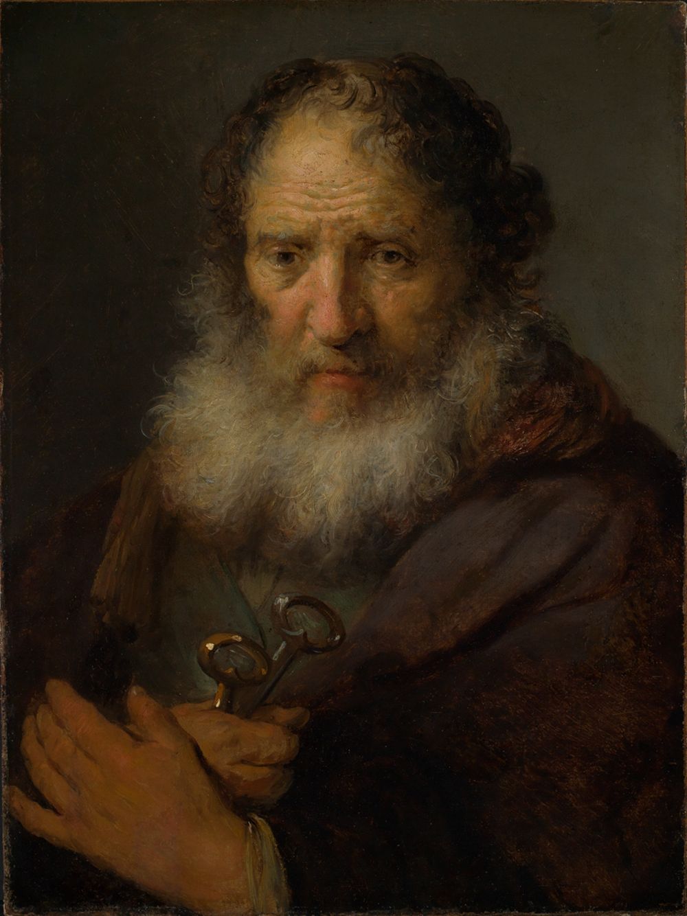Rembrandt zeigt wahrscheinlich den Apostel Paulus, der eine Schriftrolle in der Hand hält, während er seine Zuhörer lehrt.