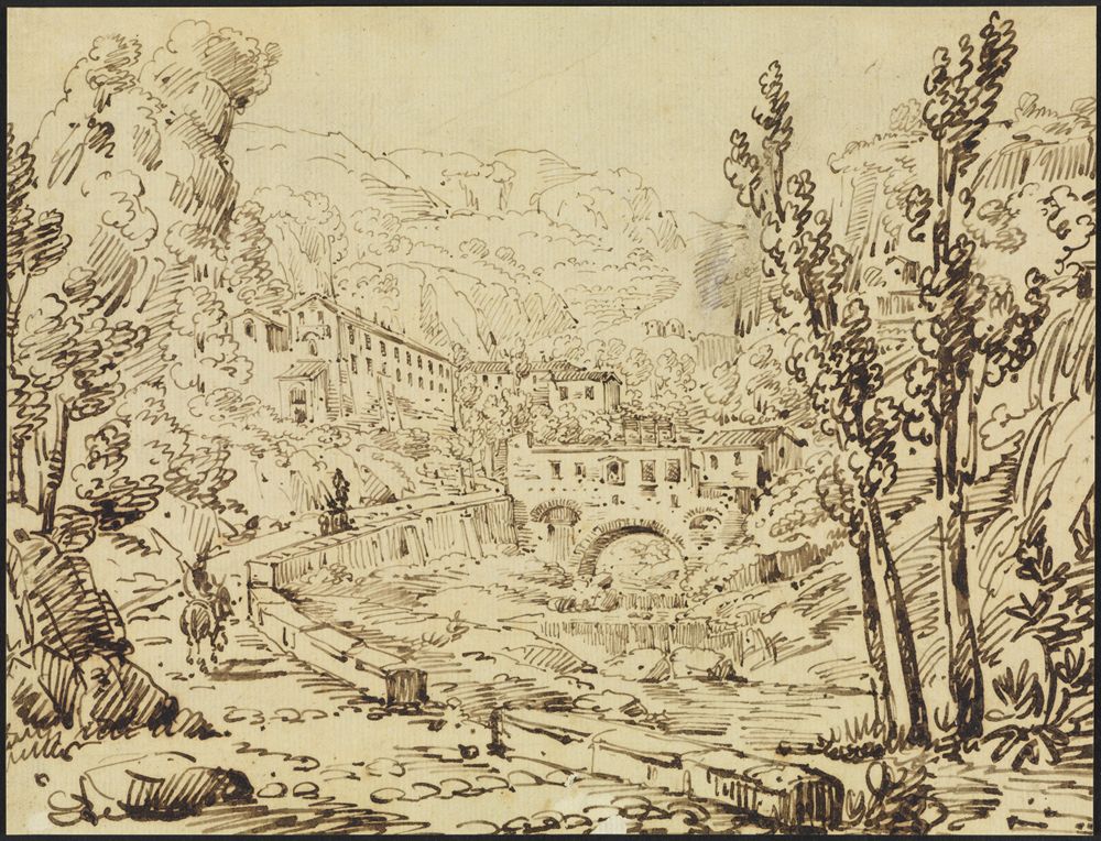 Anonym (18. Jh. F) - Italienische Flußlandschaft mit gedeckter Brücke