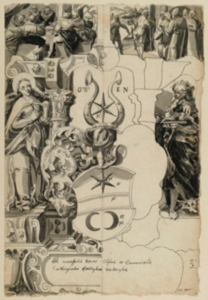 Niklaus von Riedt (zugeschrieben) - Riss mit Wappen Matthäus Rorer, flankiert von der Hl. Maria Magdalena und dem Hl. Johannes d. Täufer, im Oberbild Tischgesellschaft, nicht identifizierte Abschiedsszene