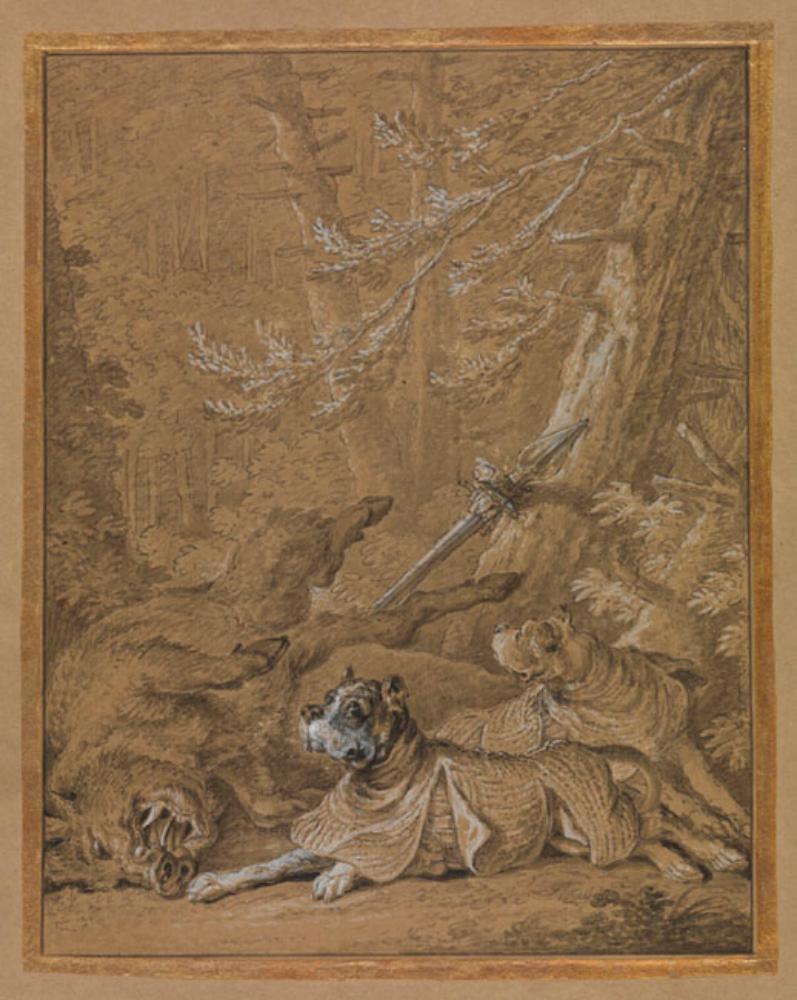 Johann Elias Ridinger - Jagdhunde bei erlegtem Wildschwein