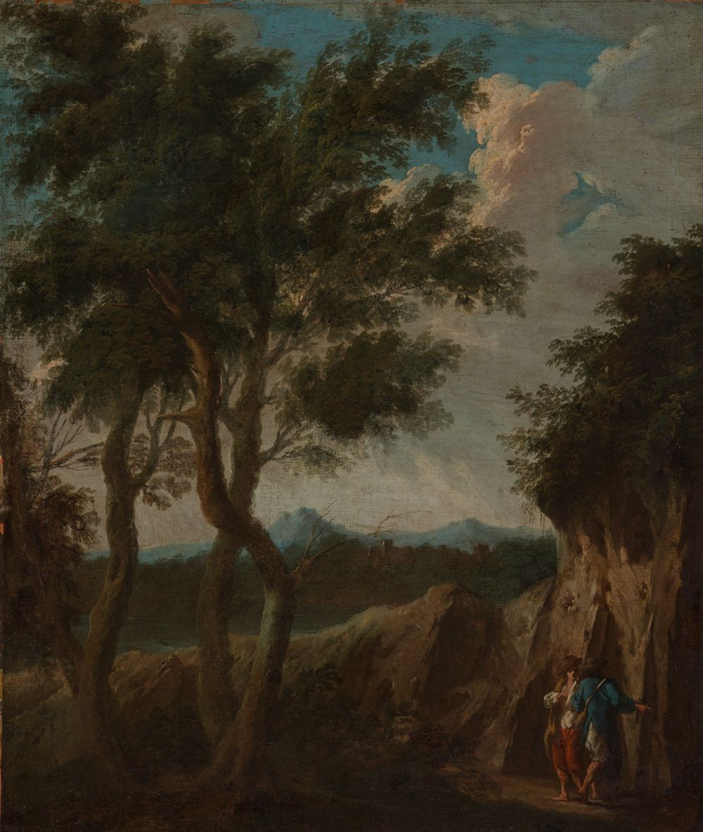 Venezianischer(?) Meister - Bergige Landschaft mit zwei Soldaten