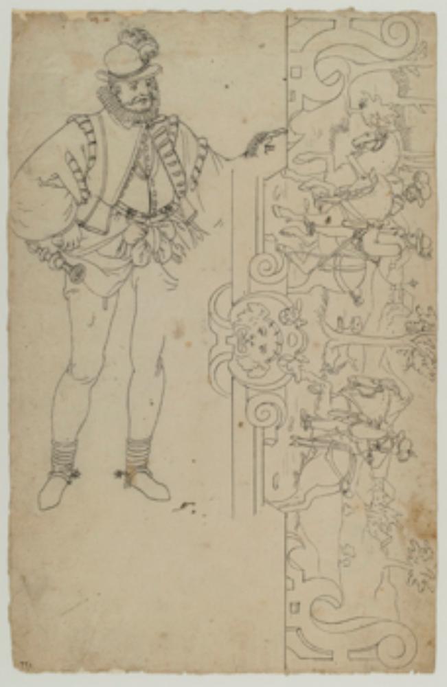 Bartholomäus Lingg (zugeschrieben) - Schildhalter, quer: Entwurf für ein Oberbild mit Reitern