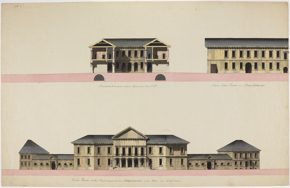 Friedrich Weinbrenner (1766) - Plan zum Markgräflichen Palais: Schnitt, innere Seitenfront des Hauptgebäudes, Fassade