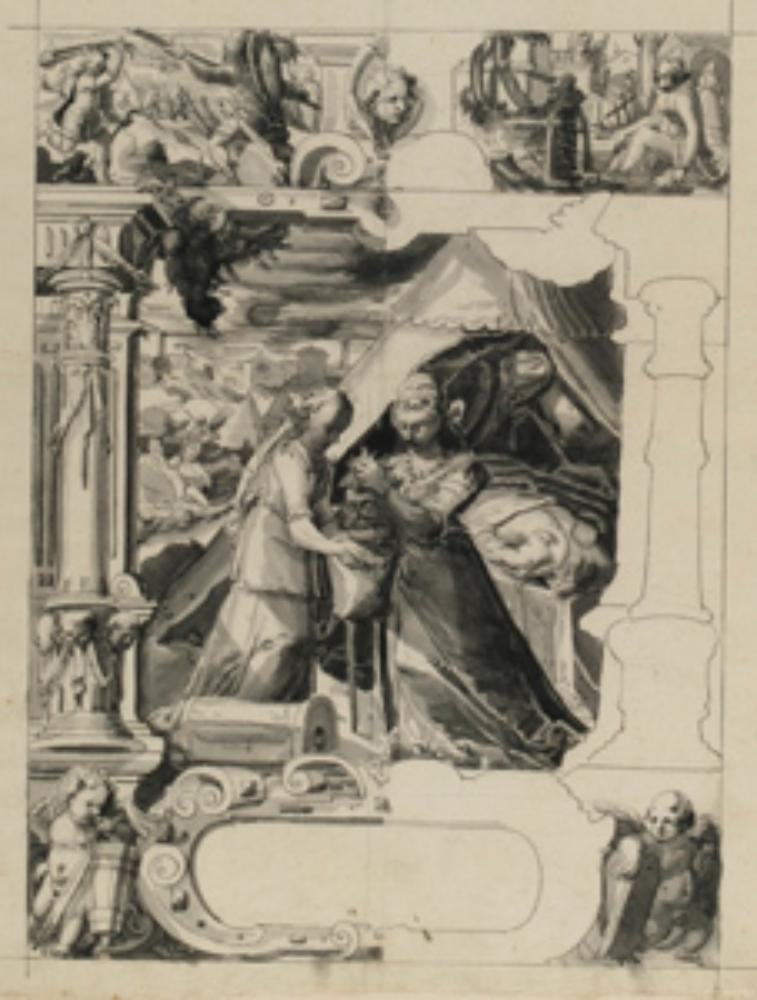 Niklaus von Riedt (zugeschrieben) - Riss mit Judith und dem Haupt des Holofernes, im Oberbild David im Kampf gegen Goliath, Bathseba im Bade