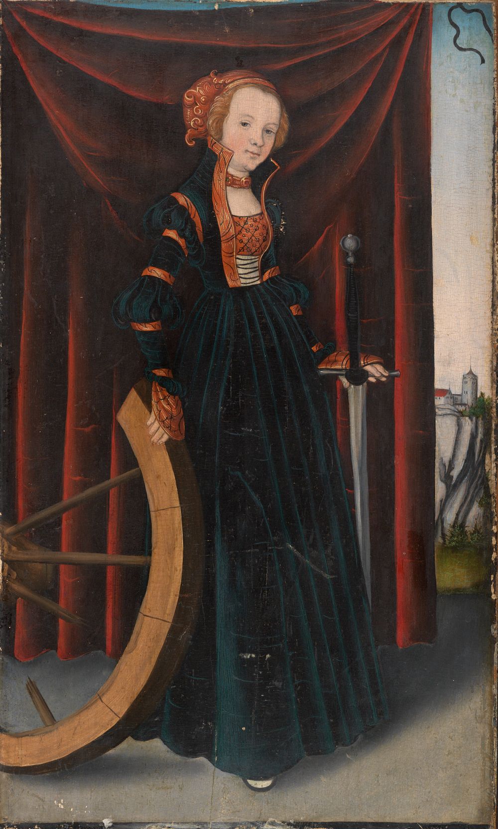 <p>Kunstwerk von Lucas Cranach zeigt eine Frau in einem prächtigen Kleid. Sie hält ein Schwert und ein Rad in der Hand.</p><p></p><p></p>