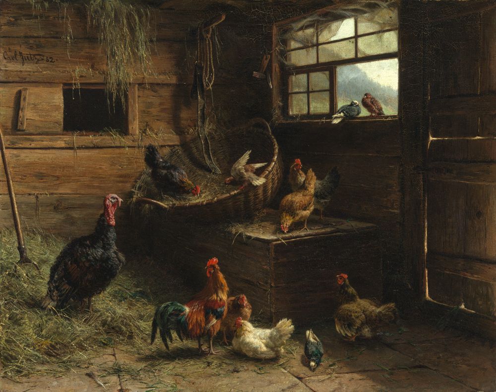 Carl Jutz (1838) - Geflügel an einem Regentag im Schwarzwald