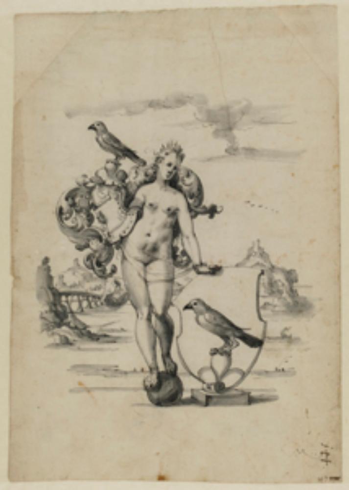 Christoph Murer - Fortuna als Schildhalterin mit nicht identifiziertem Wappen vor einer Landschaft