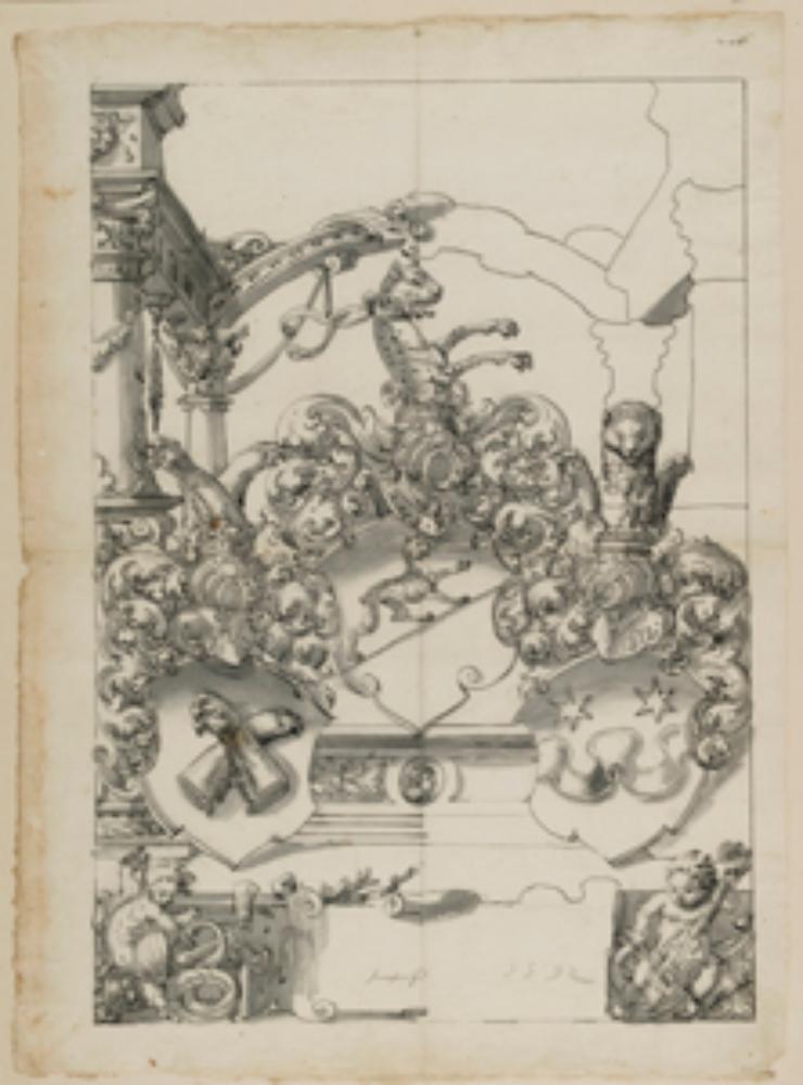 Hans Jakob Plepp - Riss mit Allianzwappen Escher vom Luchs/von Wellenberg/von der Lauwik