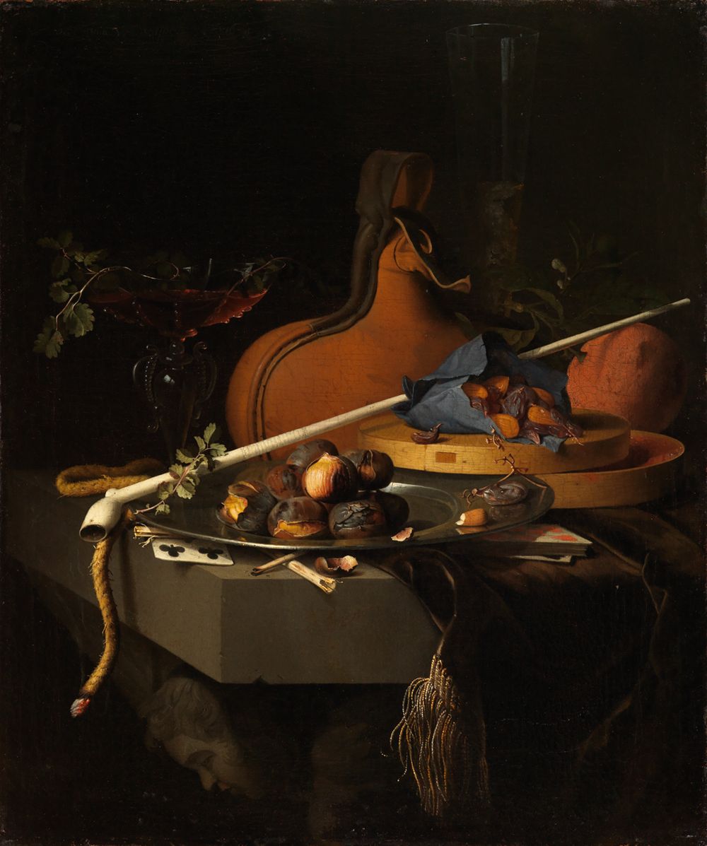 Jacob van Walscapelle - Stilleben mit Kastanien auf einem Teller, einer Tonpfeife und Rauchzubehör