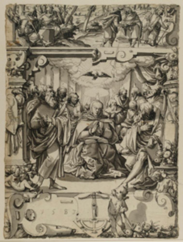 Christoph Murer (zugeschrieben) - Riss mit der Ausgießung des Heiligen Geistes, darunter nicht identifiziertes Wappen, im Oberbild Abschied der Apostel