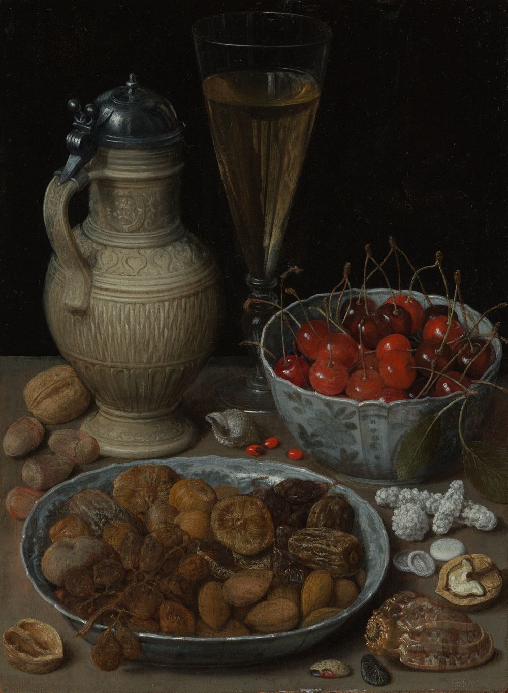 Georg Flegel (1566) - Stillleben mit Dörrobst, Kirschen und Siegburgkanne