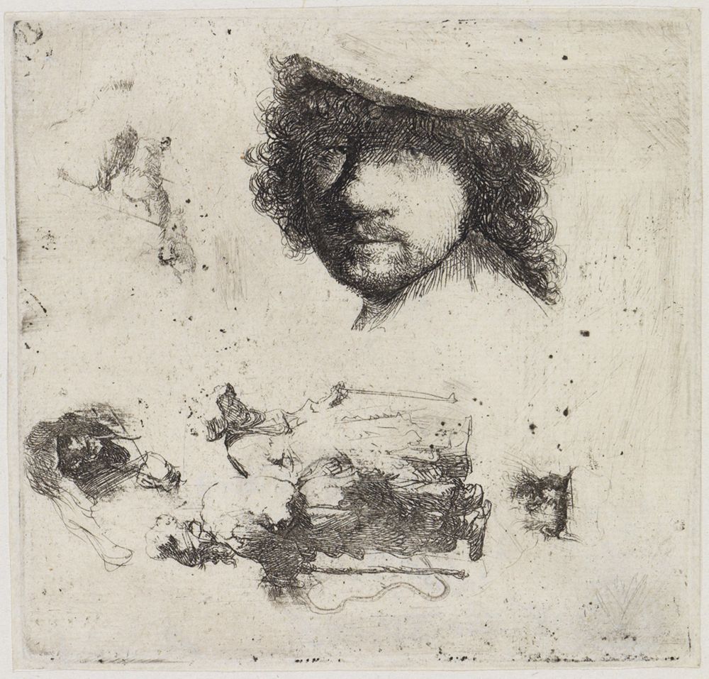 Rembrandt Harmensz van Rijn - Studienblatt mit Rembrandts Bildnis, einem Bettlerpaar usw.