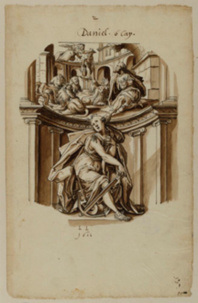 Lorenz Lingg - Entwurf für ein Mittelbild mit Spes, darüber Daniel in der Löwengrube