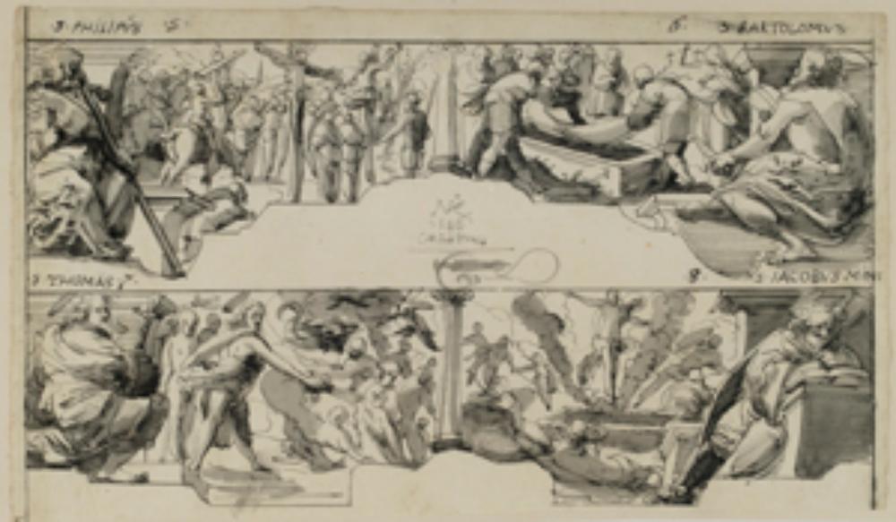Niklaus von Riedt - Zwei Entwürfe für Oberbilder mit Aposteln und Szenen aus dem Neuen Testament