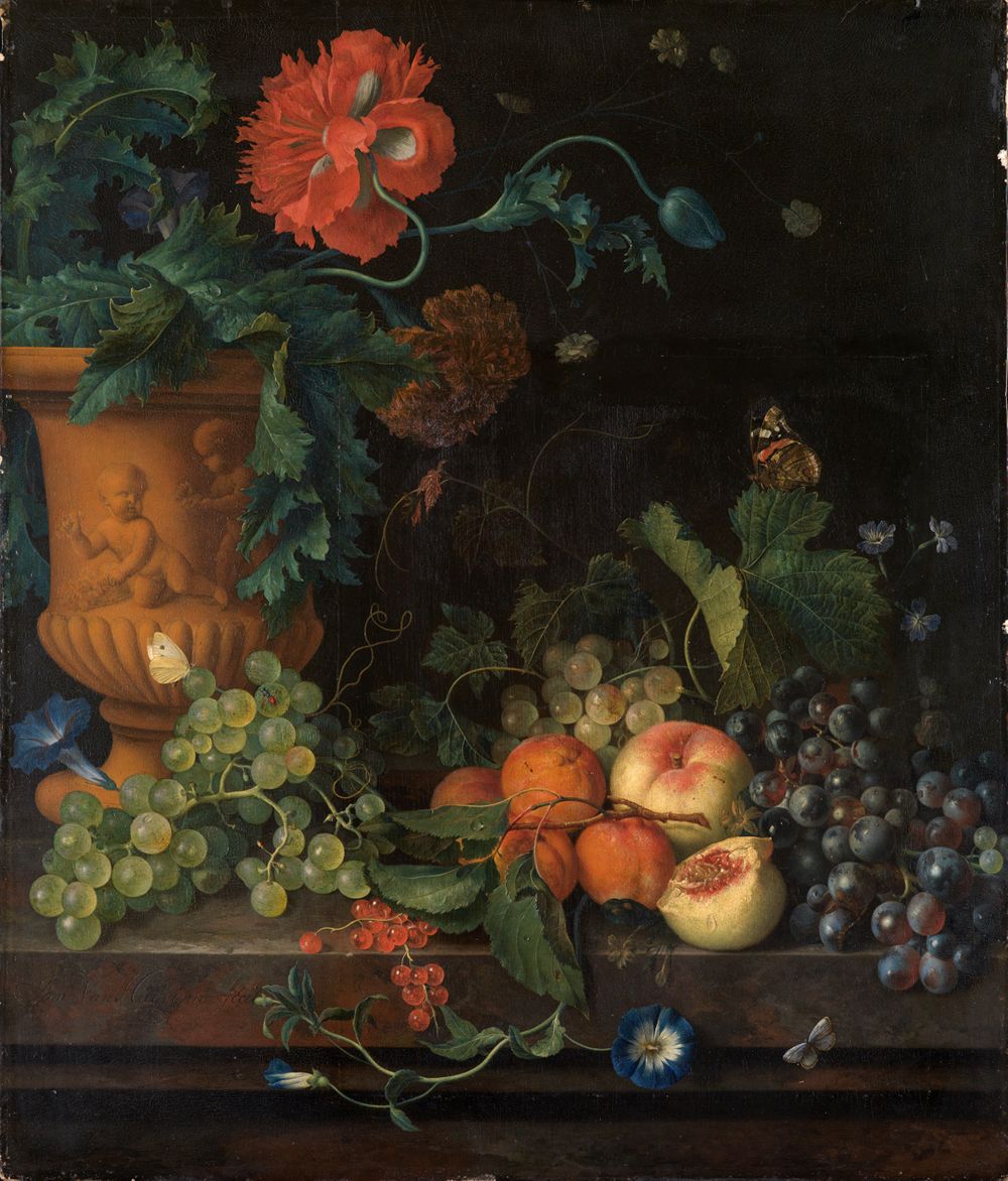 Jan van Huysum - Tonvase mit Blumen, daneben Früchte