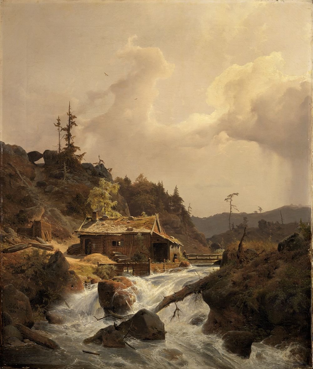 Andreas Achenbach - Norwegische Landschaft mit Sägemühle