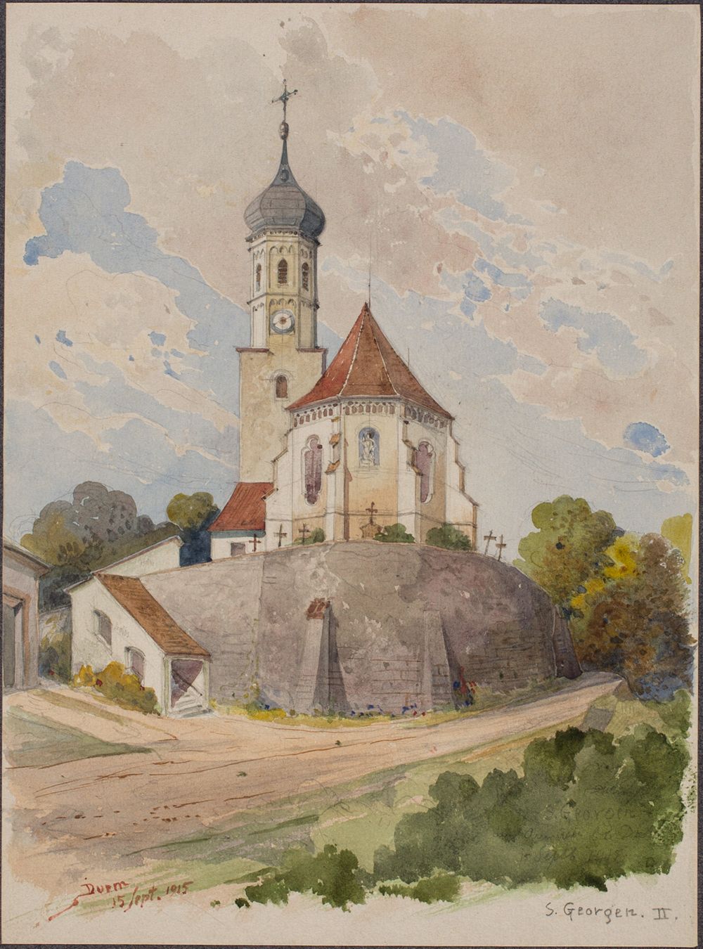 Josef Wilhelm Durm - Blick von Osten auf die Kirche in St. Georgen am Ammersee (Kirchen und Landschaften aus Bayern)