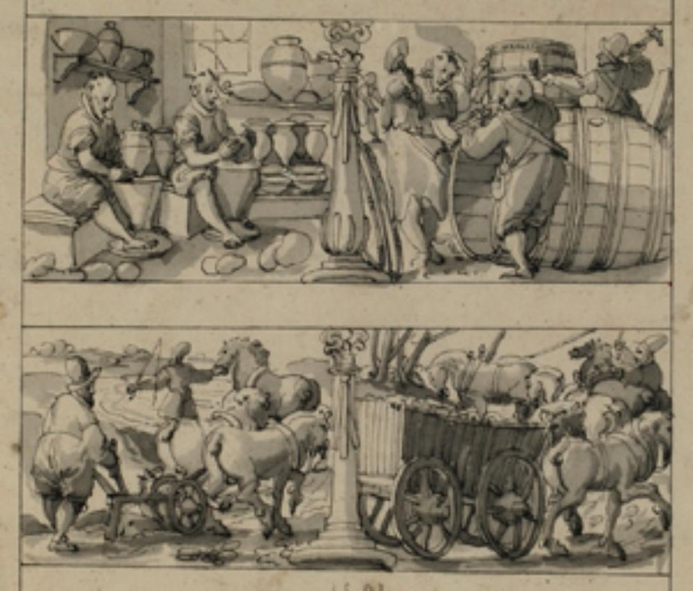 Christoph Murer (zugeschrieben) - Zwei Entwürfe für Oberbilder mit Töpfer und Küfer, Bauer und Fuhrmann