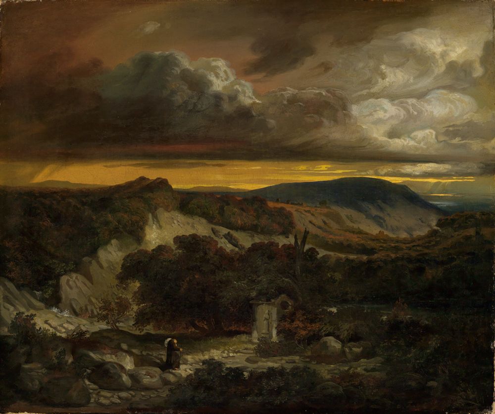 Das Gemälde zeigt eine ruhige, abendliche Landschaft mit weichem Licht. In der Ferne sieht man einen Einsiedler, der nach Hause zurückkehrt, zu Fuß auf einem schmalen Pfad.