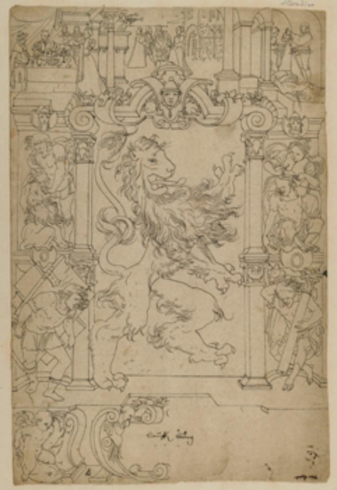 Bartholomäus Lingg - Riss mit Wappen Laufenburg, flankiert von Szenen aus der Samson-Geschichte, im Oberbild Gastmahl des Herodes und Enthauptung Johannes d. Täufers