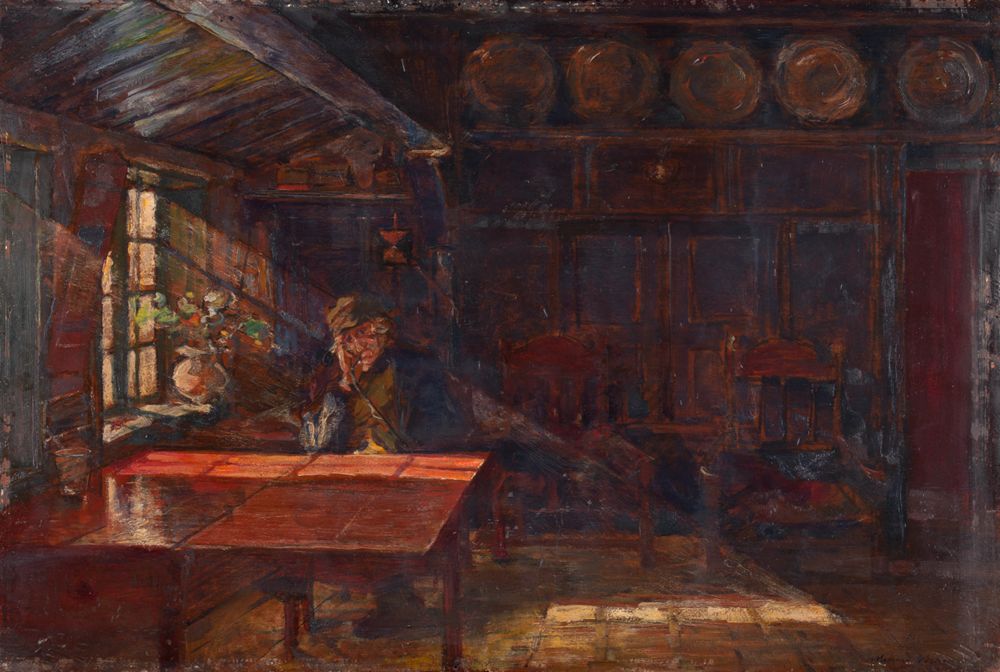Friesische Bauernstube mit rauchendem alten Bauern