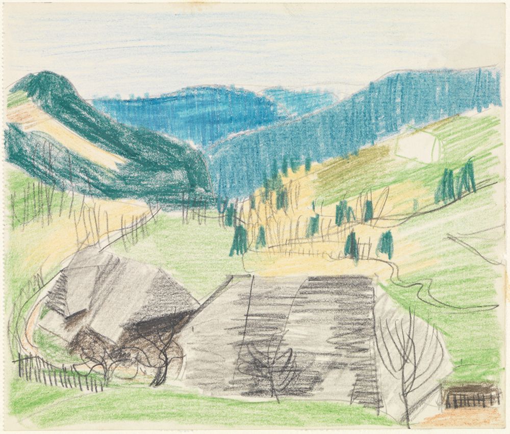 August Babberger - Höll: Sommerlandschaft mit zwei Schwarzwaldhäusern vorn