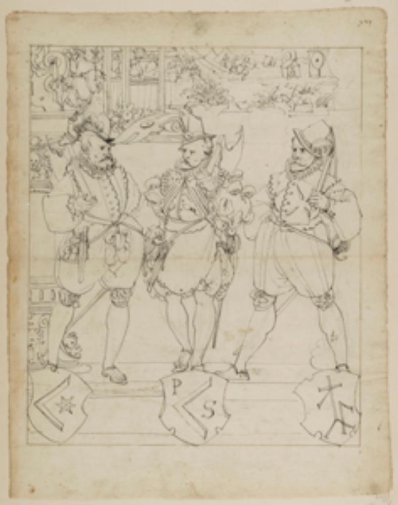 Christoph Murer (zugeschrieben) - Riss mit zwei Zimmerleuten und einem Steinmetz, darunter jeweils die Schilde mit den Familienwappen, im Oberbild Scheibenschießen