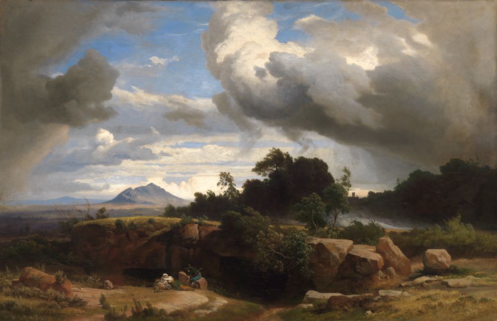 Johann Wilhelm Schirmer zeigt eine dramatische Himmelsszene. Dunkle, schwere Wolken ziehen sich über die Landschaft.