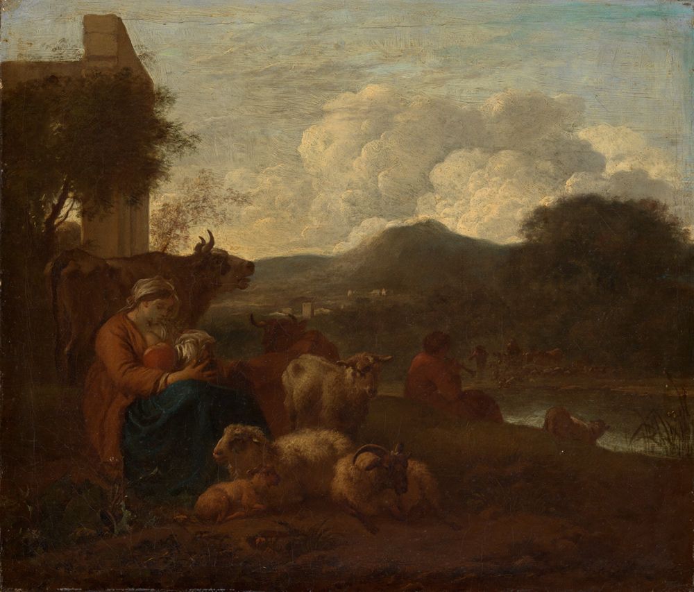 Simon van der Does - Hirtin, ihr Kind stillend, mit der Herde in südlicher Landschaft