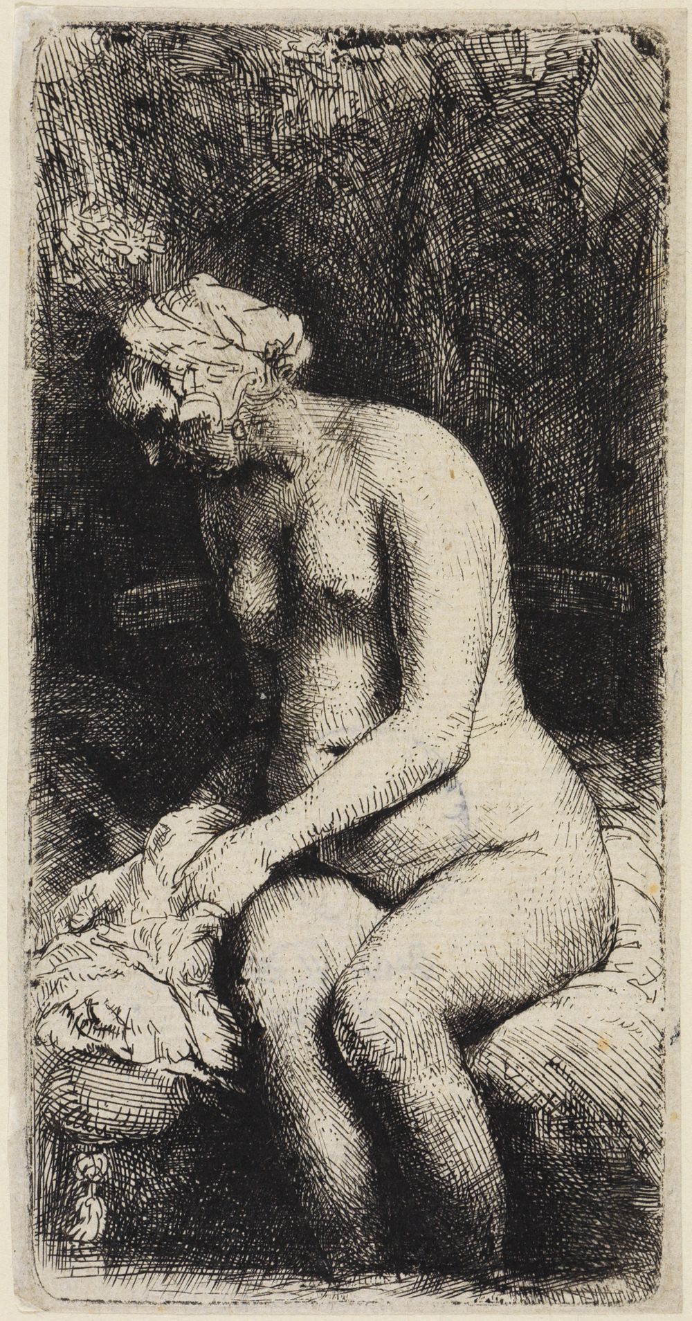 Rembrandt Harmensz. van Rijn - Nackte Frau im Freien, mit den Füßen im Wasser