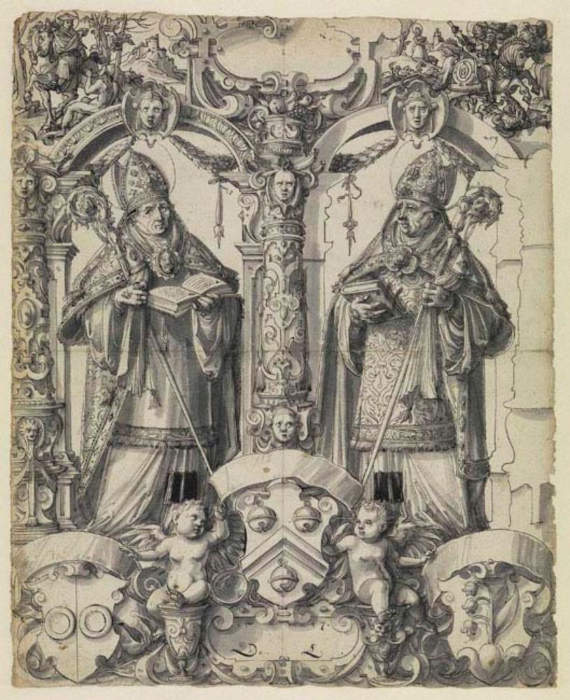 Daniel Lindtmayer (1552) - Riss mit zwei heiligen Bischöfen, darunter drei nicht identifizierte Wappen, im Oberbild Hl. Martin und Hl. Georg