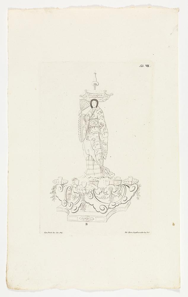 Johann Christian Leopold - Weibliche chinesische Figur auf Postament, mit Fächer und Konfektschalen