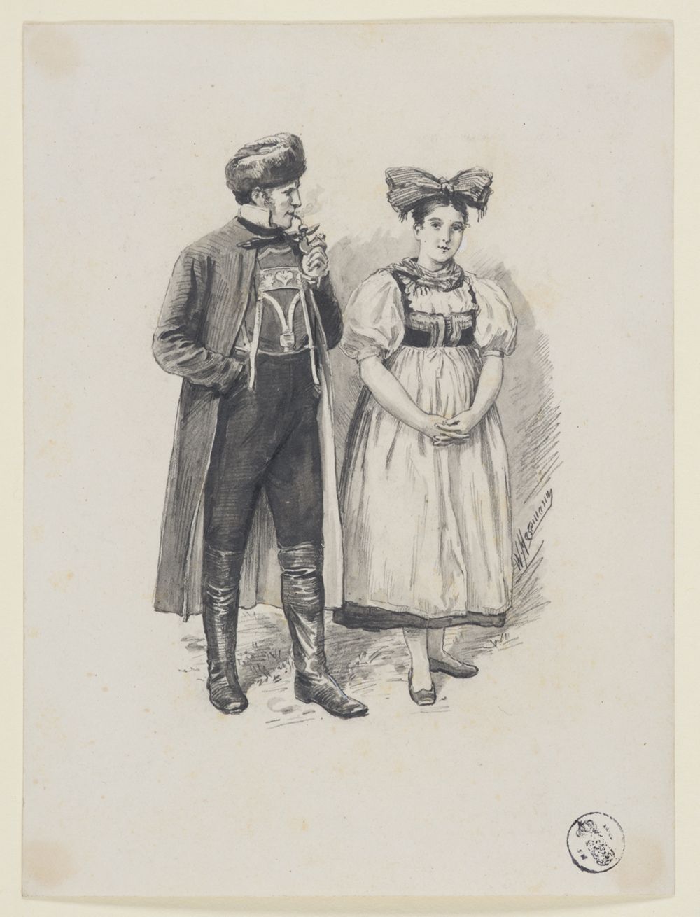 Wilhelm Gustav Friedrich Hasemann - Bauer und Bäuerin in der Tracht des Hanauer Landes (32 Illustrationsentwürfe, Blatt 5)