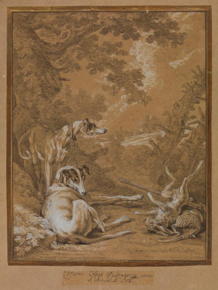 Johann Elias Ridinger - Jagdhunde bei erlegtem Hasen