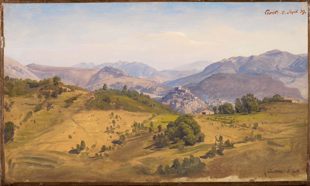 Das Bild von Johann Wilhelm Schirmer zeigt eine malerische italienische Landschaft. Sanfte Hügel und Wiesen erstrecken sich bis zum Horizont. Ein kleiner, charmant wirkender Ort ist in der Ferne zu sehen.