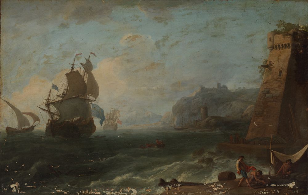 Adrien Manglard - zugeschrieben - Meeresküste mit Segelschiffen und Festungswerken