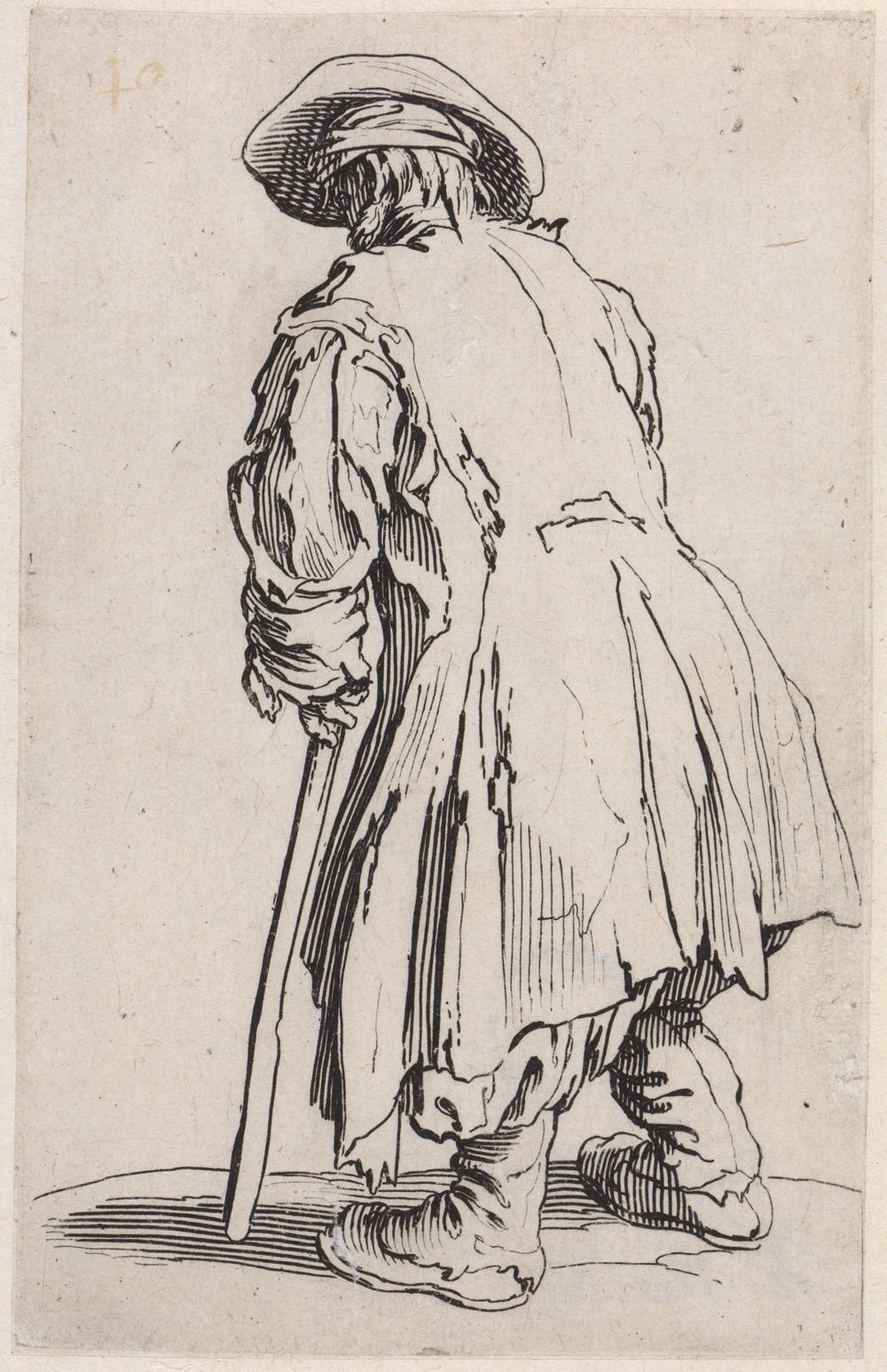 Jacques Callot - Alter Bettler mit einer Krücke, schräg von hinten
