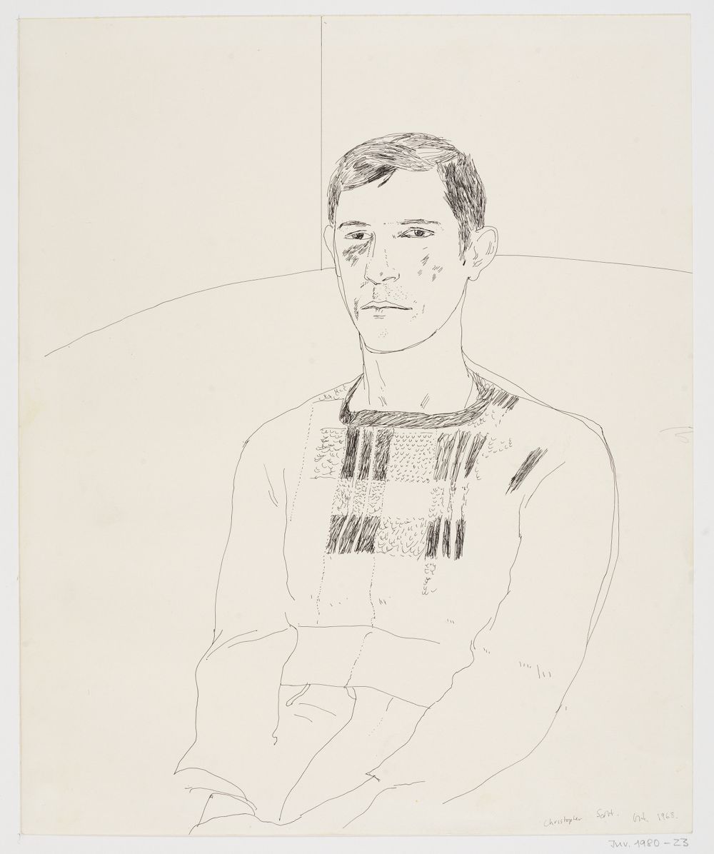 David Hockney - Christopher Scott, sitzend, leicht nach links gewandt, in halber Figur