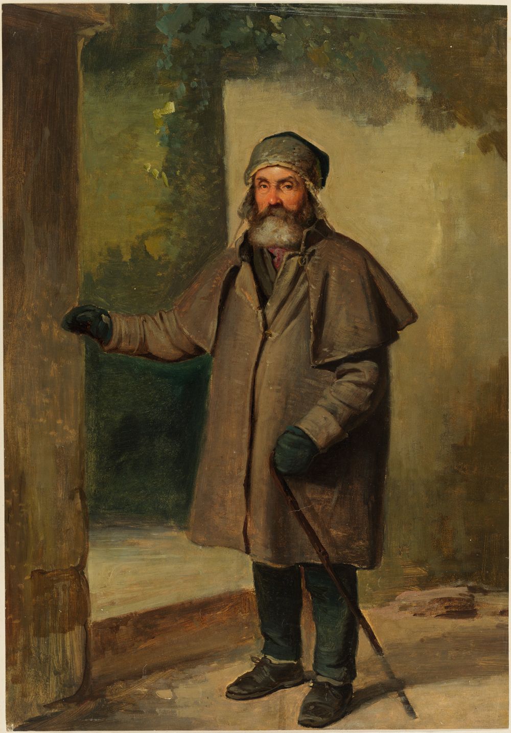 Johann Baptist Kirner - Winterlich bekleideter Mann mit Vollbart, den linken Arm erhoben