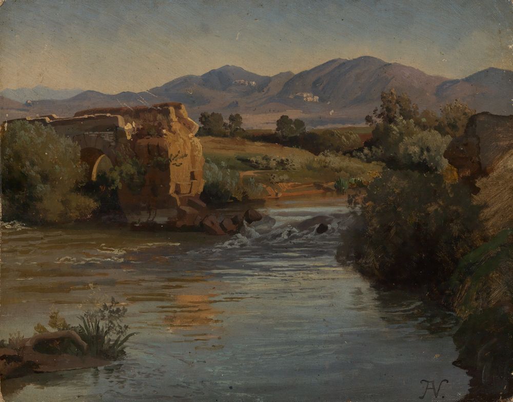 Albert Venus - Südliche Flusslandschaft mit Brückenruine