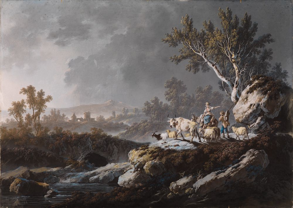 Jean Pillement - Südliche Berglandschaft mit einem Hirtenpaar und seiner Herde (Der Sommer)
